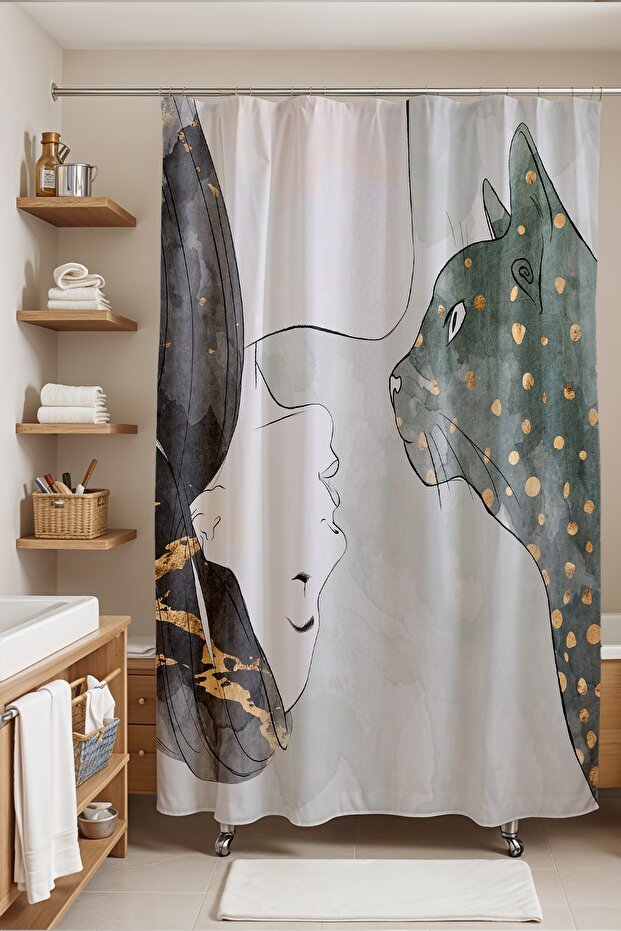 Bathroom Curtain, Confused Cat and Woman Patterned Shower Curtain, Bathtub Curtain 175X200Cm