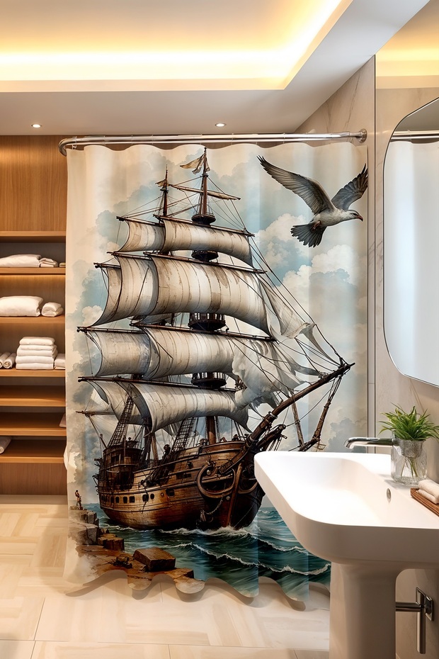 Bathroom Curtain, Retro Warship Pattern Shower Curtain, Bathtub Curtain 175X200Cm