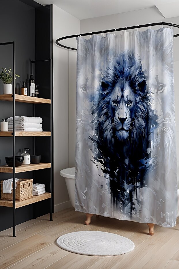 Bathroom Curtain, Navy Blue King Lion Pattern Shower Curtain, Bathtub Curtain 175X200Cm