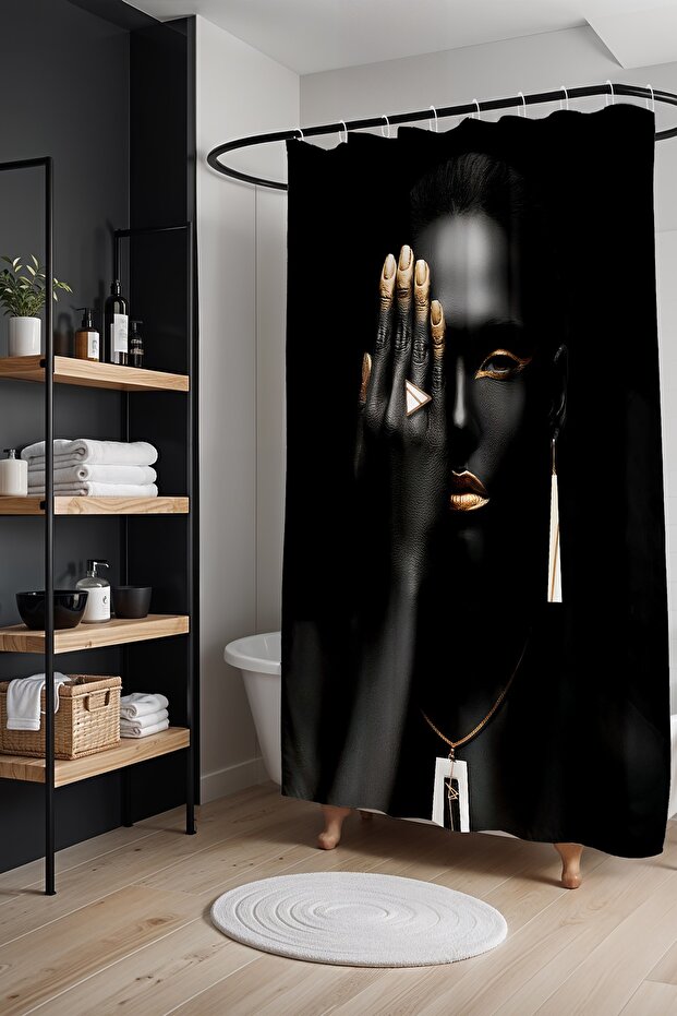 Bathroom Curtain, Black Gold Makeup Woman Patterned Shower Curtain, Bathtub Curtain 175X200Cm