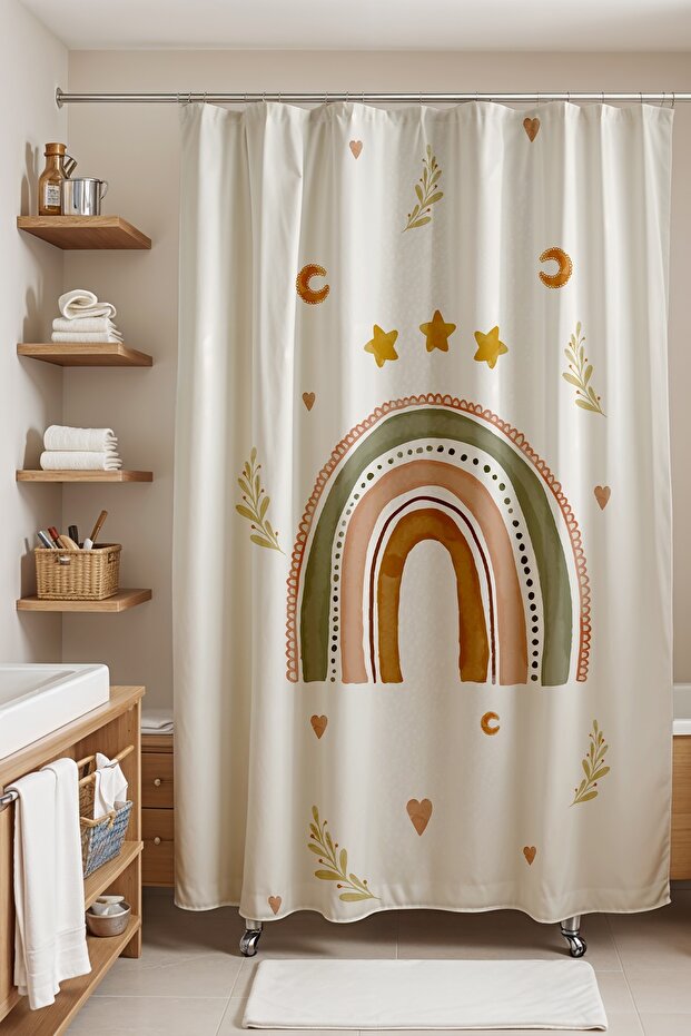 Bathroom Curtain, Bohemian Green Cream Rainbow Patterned Shower Curtain, Bathtub Curtain 175X200Cm