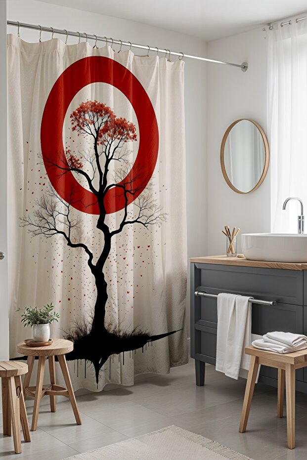 Bathroom Curtain, Bohemian Red Sky and Tree Pattern Shower Curtain, Bathtub Curtain 175X200Cm