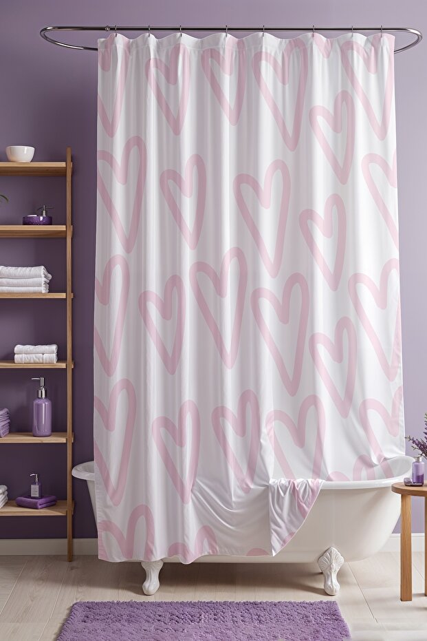 Bathroom Curtain, Pink Hearts Patterned Shower Curtain, Bathtub Curtain 175X200Cm