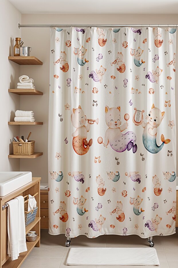 Bathroom Curtain, Musical Cats Patterned Shower Curtain, Bathtub Curtain 175X200Cm