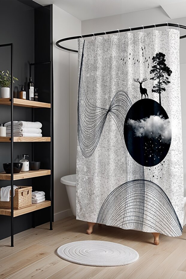 Bathroom Curtain, Deer in the Night Moon Pattern Shower Curtain, Bathtub Curtain 175X200Cm