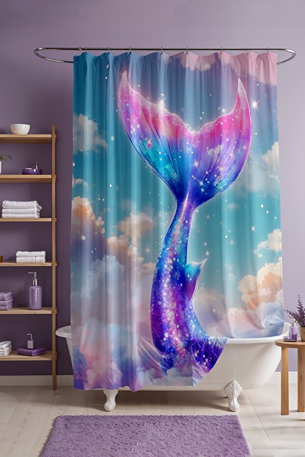 Bathroom Curtain, Mermaid Patterned Shower Curtain among the Clouds, Bathtub Curtain 175X200Cm