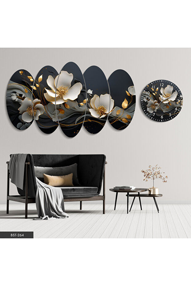 Gold Yapraklı Çiçek 5 Parça Mdf Tablo Saat Set - 3
