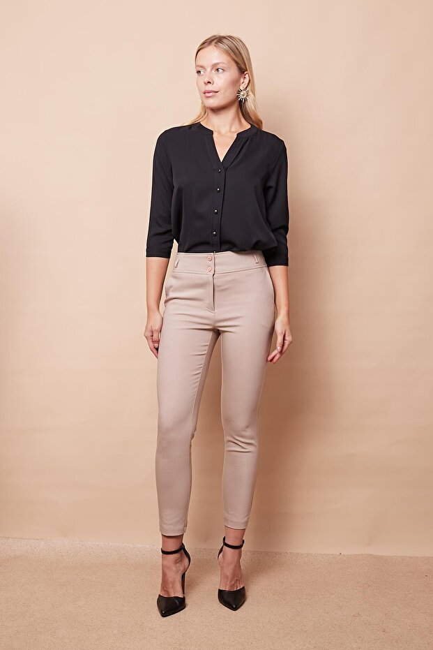 High Waist Thick Belted Pockets Narrow Leg Ankle Length Cotton Stretch Fabric Fabric Trousers-Beige