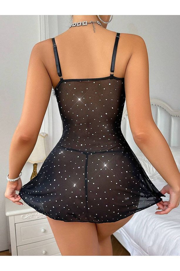 Cuplu Simli Peluş Detaylı Kurdeleli Mini Gecelik String Takım - 7