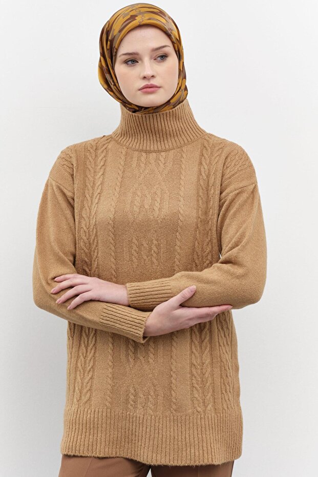 Örgü Desen Triko Tunik - Camel - 2
