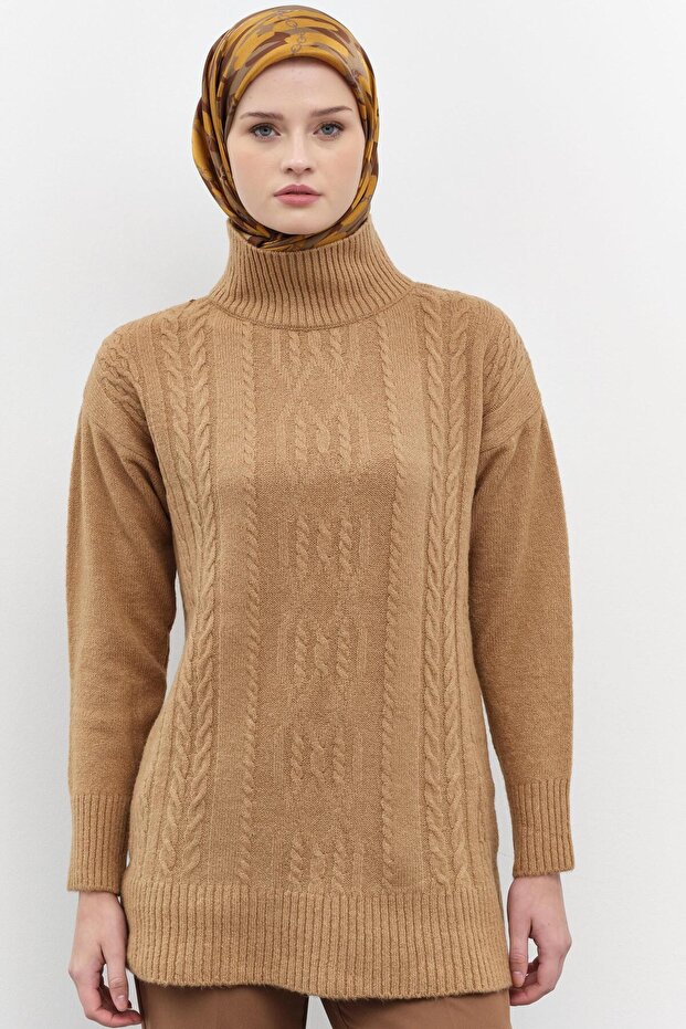 Örgü Desen Triko Tunik - Camel - 1