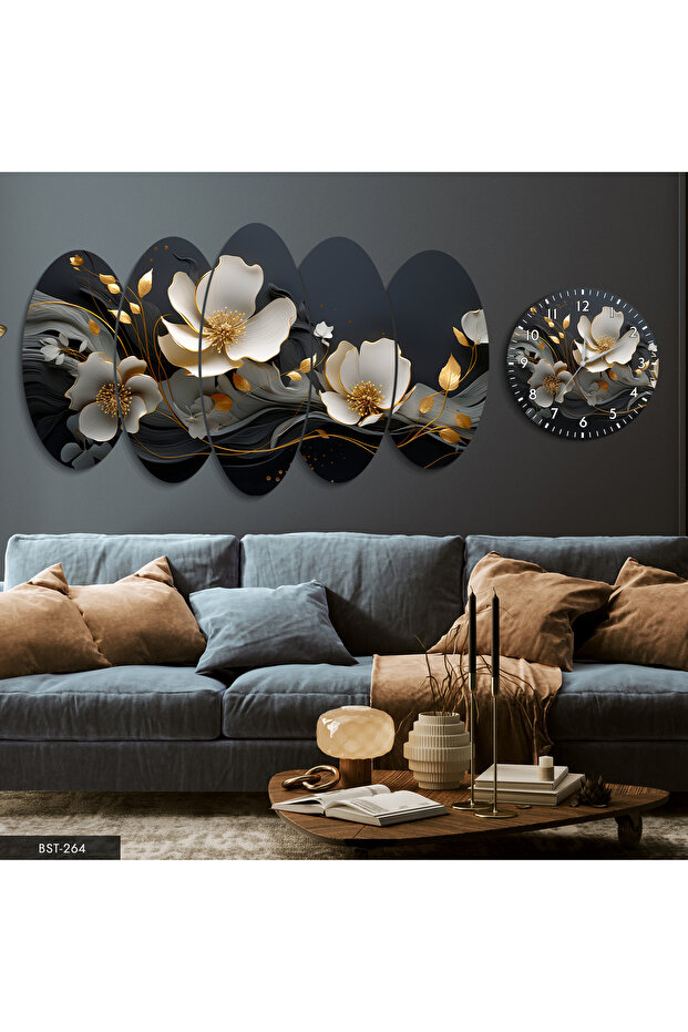 Gold Yapraklı Çiçek 5 Parça Mdf Tablo Saat Set - 1
