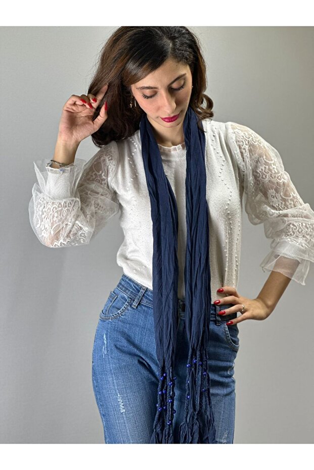 130X40 cm Beaded Combed Cotton Soft Women's Scarf Shawl Dark Blue