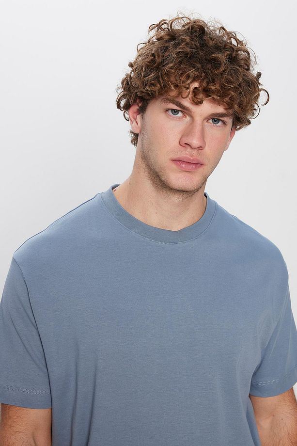 Unisex Relax Fit Rahat Kesim %100 Pamuk Yumuşak Dokulu Hafif Kalın Basic Bisiklet Yaka Mavi Tişört - 2