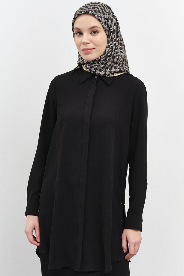 Rivet Detaylı Yırtmaçlı Tunik - Siyah - 4