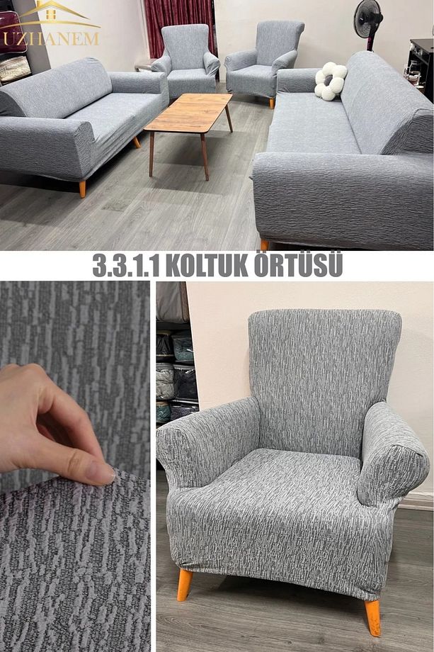 3+3+1+1 Açık Gri Koltuk Örtüsü - 1