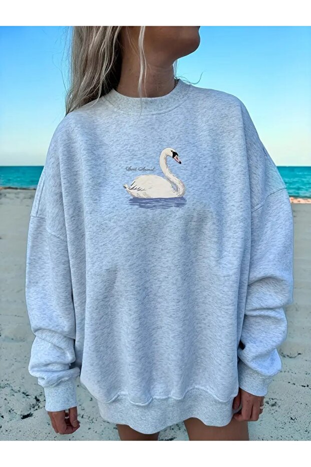 Women's Gray Swan Printed Crew Neck Oversize Sweatshirt