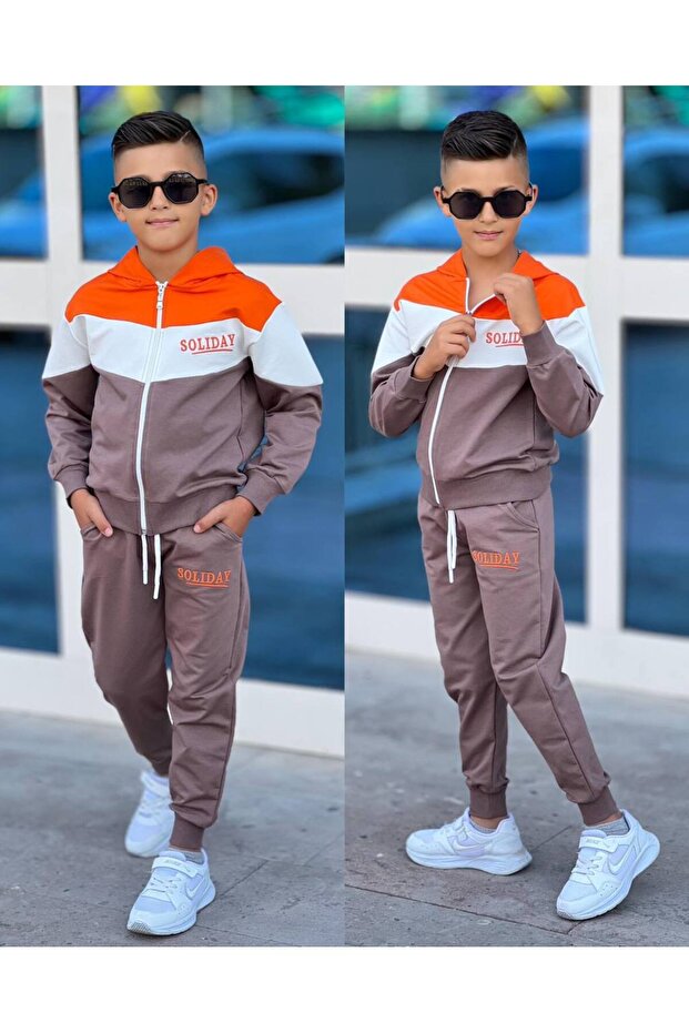 Boy's Hooded Zippered 2Ip Bottom Top Tracksuit Set