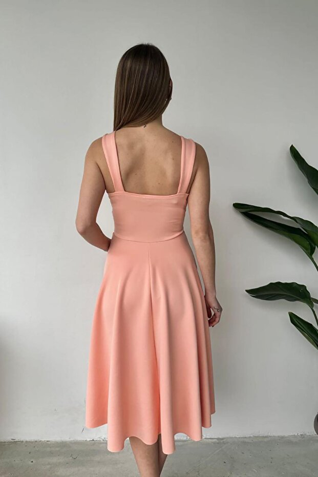 Pudra Kalın Askılı Scuba Kumaş Elbise - 7