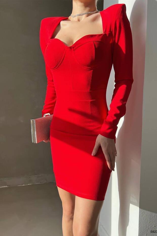 Red Heart Collar Imported Crepe Fabric Long Sleeve Basic Dress