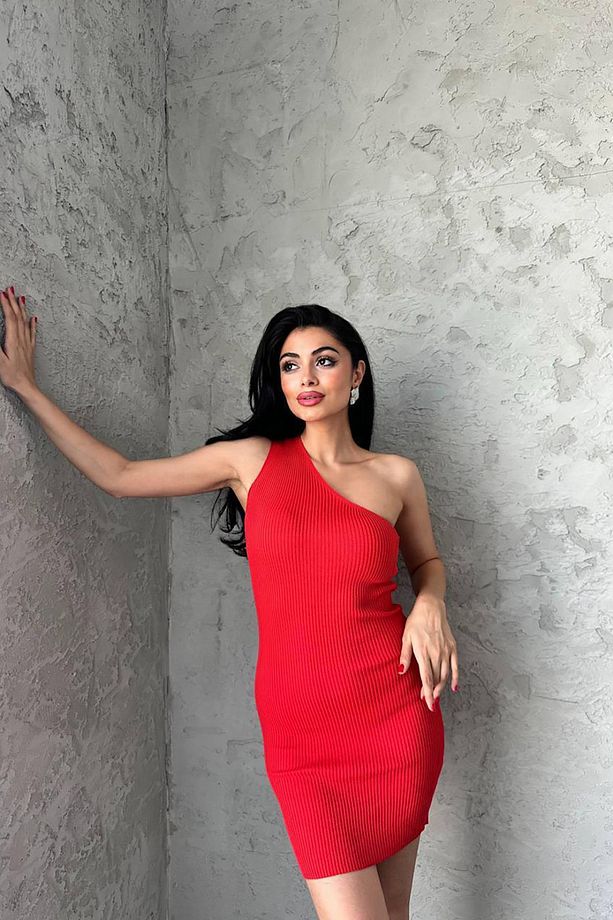 Kırmızı Tek Omuz Detaylı Standart Beden Triko Elbise - 6