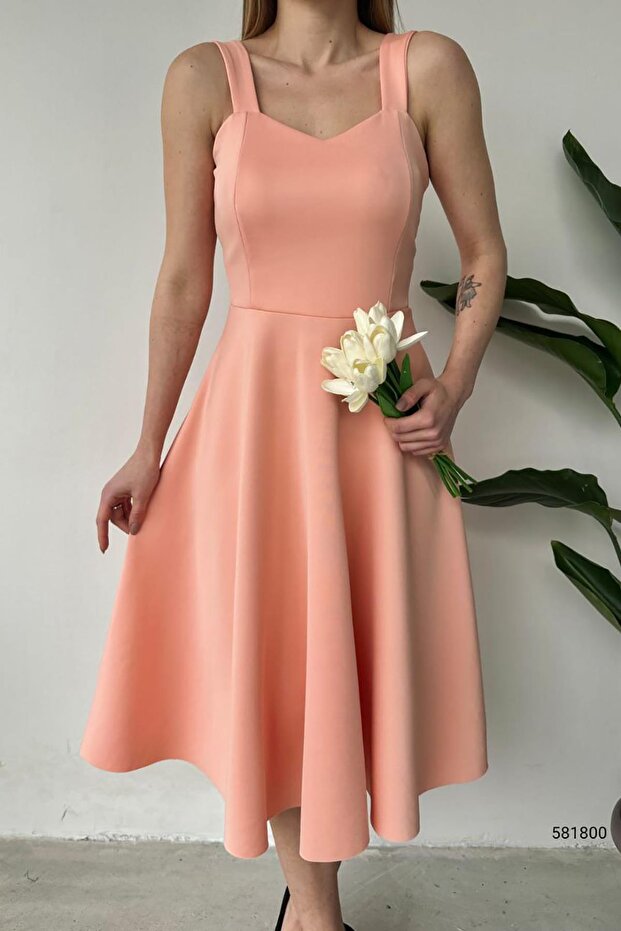 Pudra Kalın Askılı Scuba Kumaş Elbise - 8