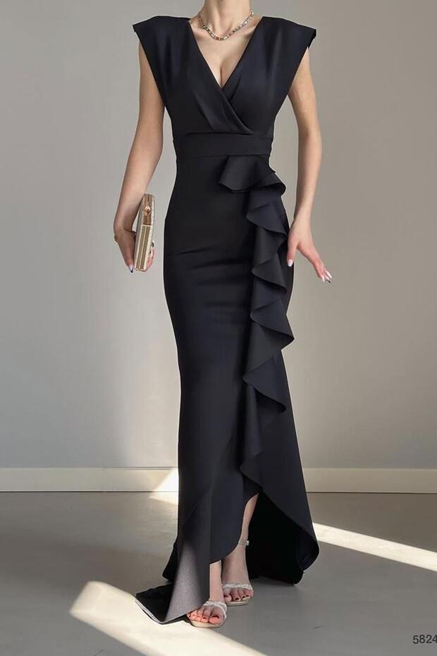 Black Double-breasted Collar Flounced Slit Detail Scuba Fabric Fishnet Evening Dress