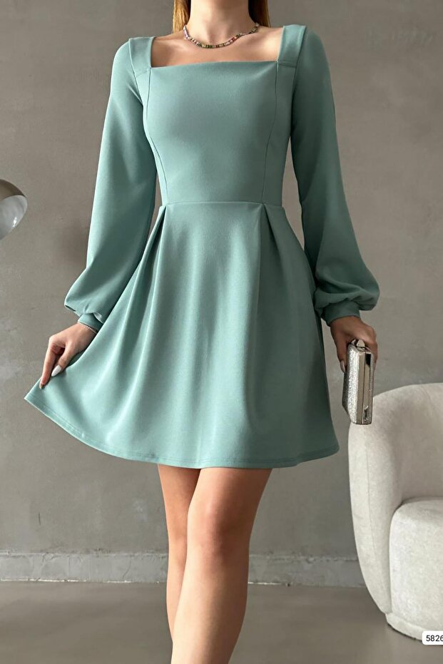 Mint Kare Yaka Uzun Kol İthal Krep Kumaş Basic Elbise - 3