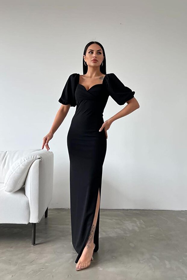 Black Crepe Fabric Double Breasted Collar Balloon Sleeve Slit Detailed Maxi Dress