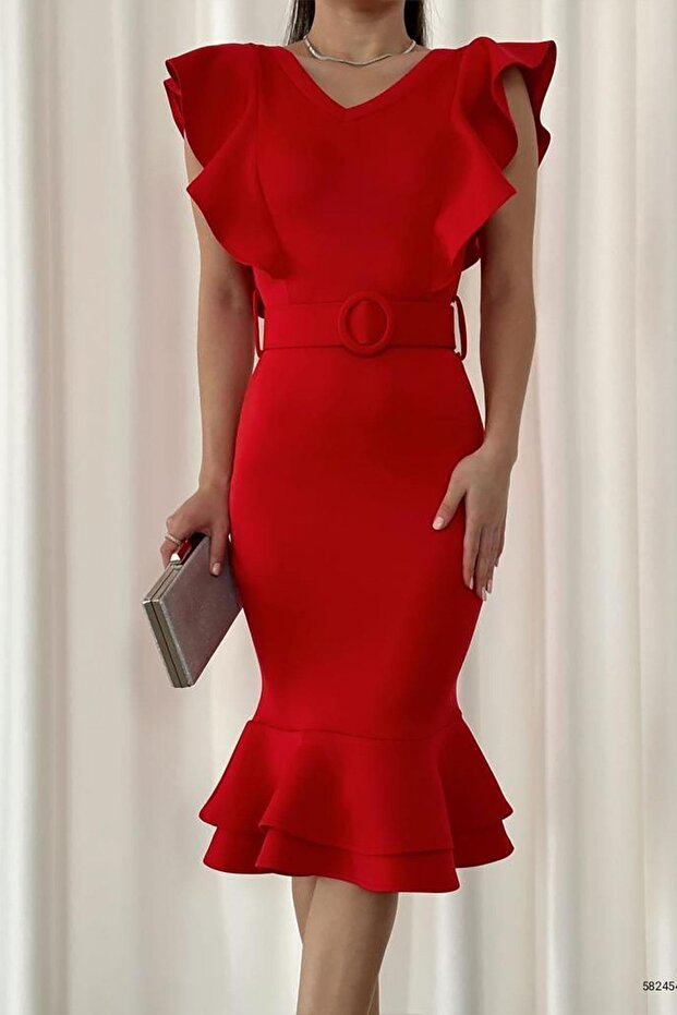 Red Flywheel Detail Scuba Fabric Belted Midi Fish Dress