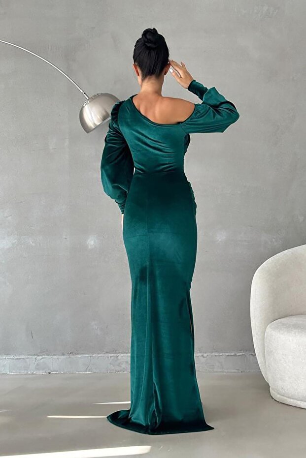 Zielona sukienka z odkrytymi ramionami, z aksamitnej tkaniny, długość maxi, z długim rękawem - 5
