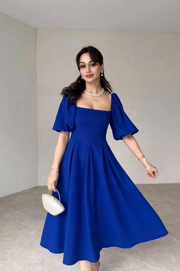 Saks Mavisi Krep Kumaş Balon Kol Pileli Kare Yaka Midi Boy Elbise - 2