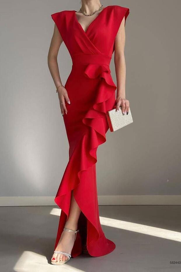 Red Double-breasted Collar Flounced Slit Detail Scuba Fabric Fishnet Evening Dress