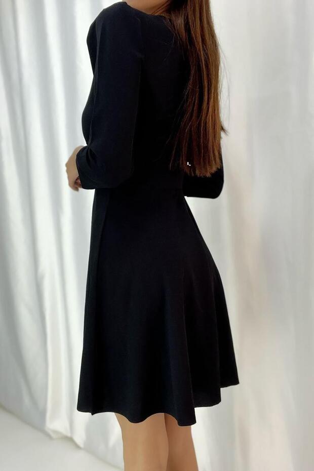 Siyah Düğme Detay İthal Krep Kumaş Uzun Kol Kloş Elbise - 2