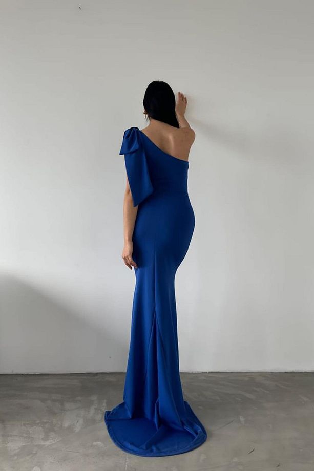 Saks Mavisi Scuba Kumaş Tek Omuz Fiyonk Detay Balık Model Elbise - 6