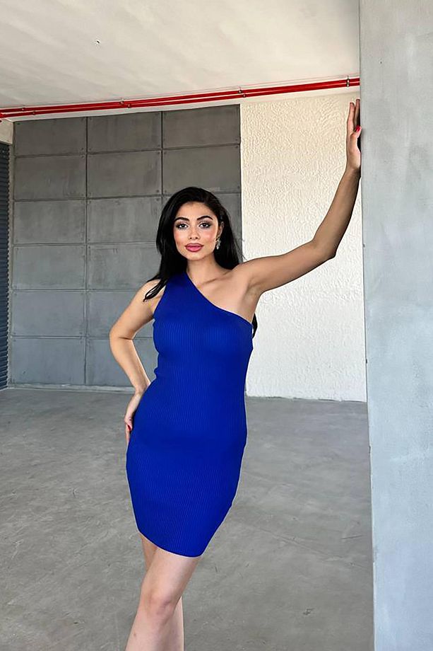 Saks Mavisi Tek Omuz Detaylı Standart Beden Triko Elbise - 6