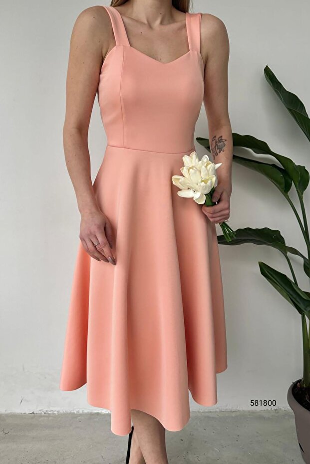 Pudra Kalın Askılı Scuba Kumaş Elbise - 3