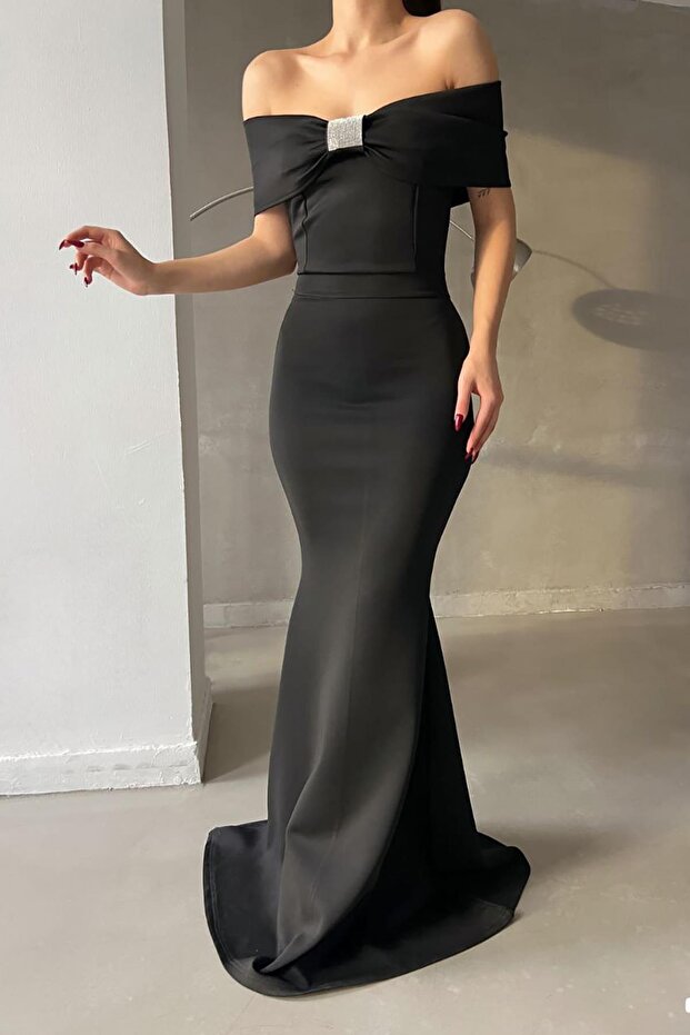 Black Madonna Collar Stone Detail Maxi Length Scuba Fabric Fishnet Evening Dress