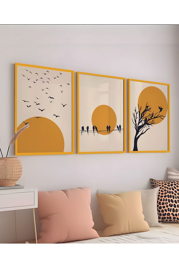 Doğal Ahşap Çerçeveli Ağaç Kuş Güneş Desenli 3'lü Minimalist Tablo - 3