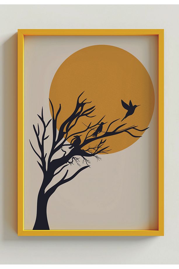 Doğal Ahşap Çerçeveli Ağaç Kuş Güneş Desenli 3'lü Minimalist Tablo - 5