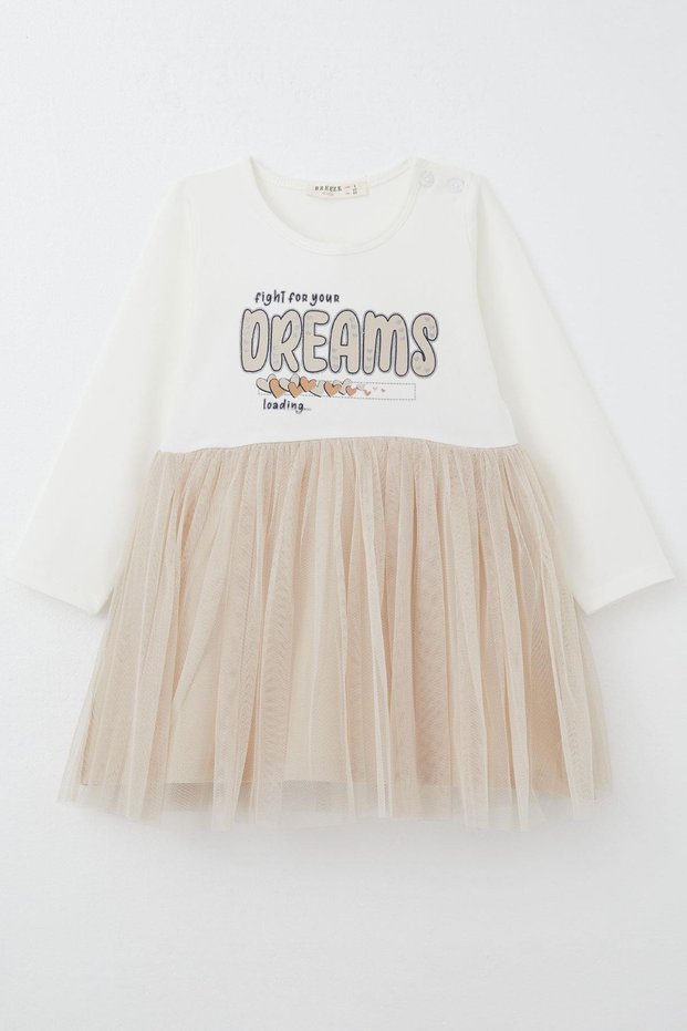 Girl's Long Sleeve Dress with Glittery Lettering and Heart Print, Ages 2-6, Ecru