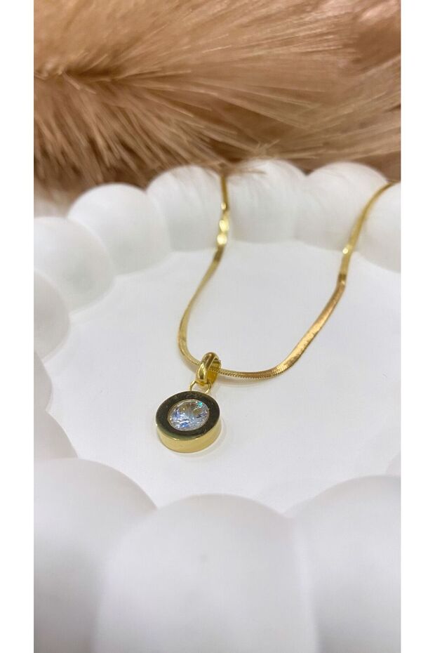 Gold Color Round Zircon Stone Italian Chain Steel Necklace
