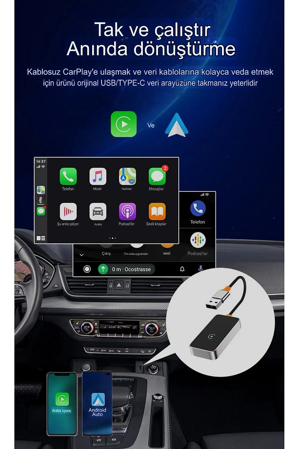 Carplay Bluetooth Usb Type-C Uyumlu Android İOS Araç Multimedya Adaptörü - 3
