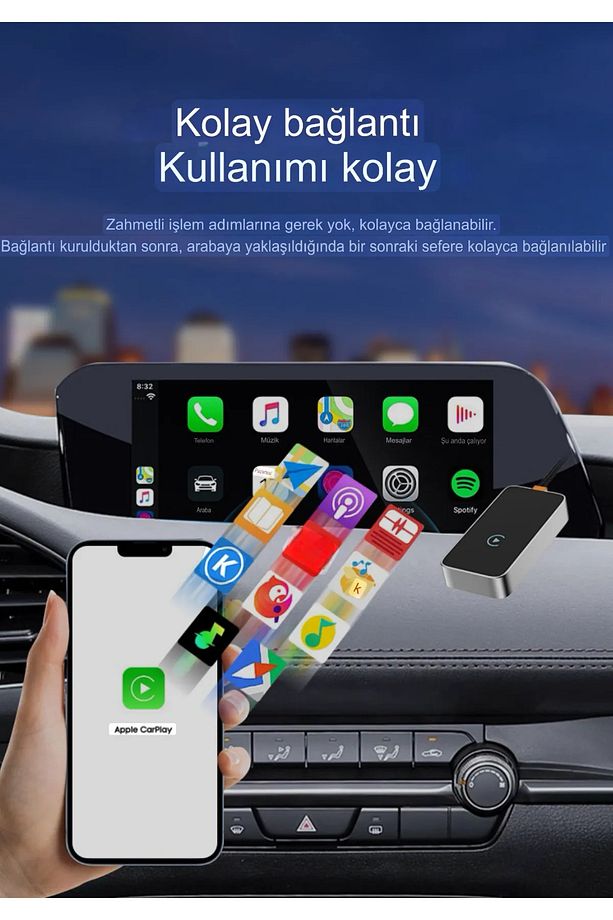 Carplay Bluetooth Usb Type-C Uyumlu Android İOS Araç Multimedya Adaptörü - 8