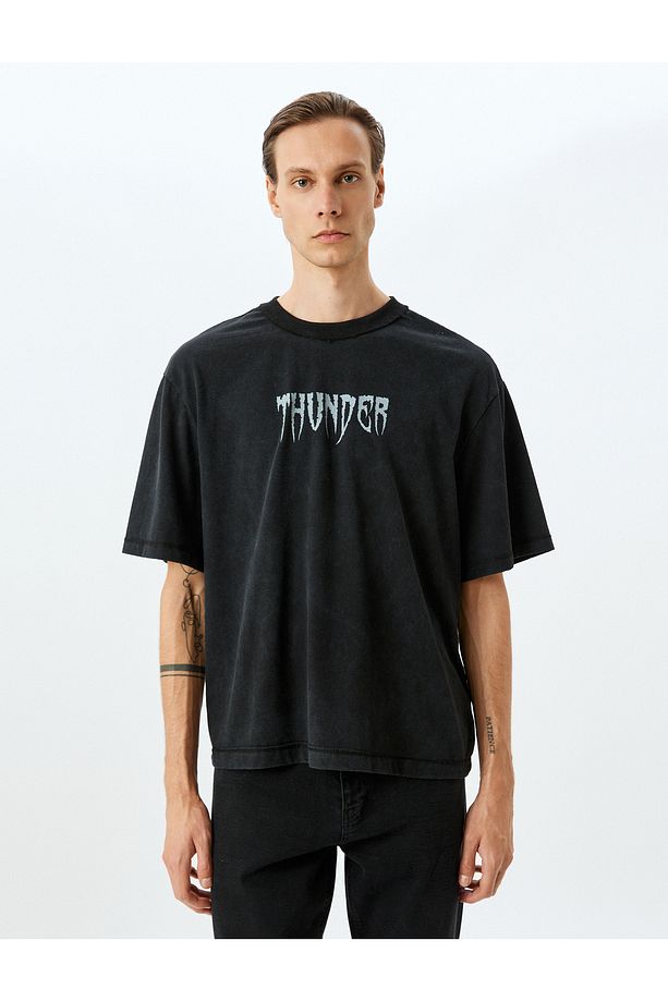 Bisiklet Yaka Kısa Kollu Oversize Slogan Baskılı Tişört - 3