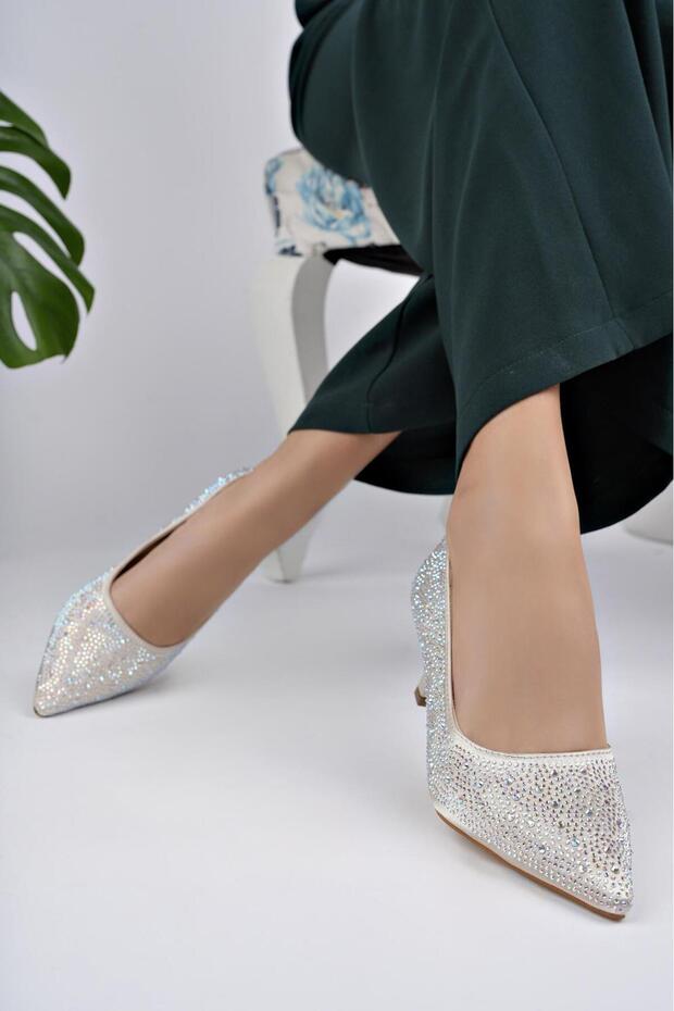 Women's Stone Detailed Beige Evening Dress Heeled Shoes