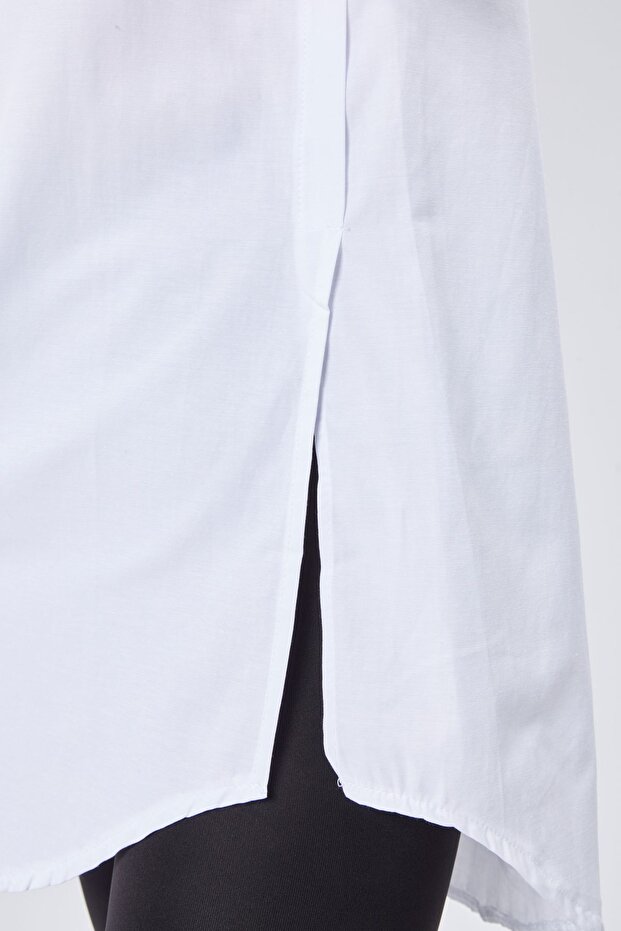 Beyaz Oversize Uzun Basic Poplin Gömlek - Beyaz - 6