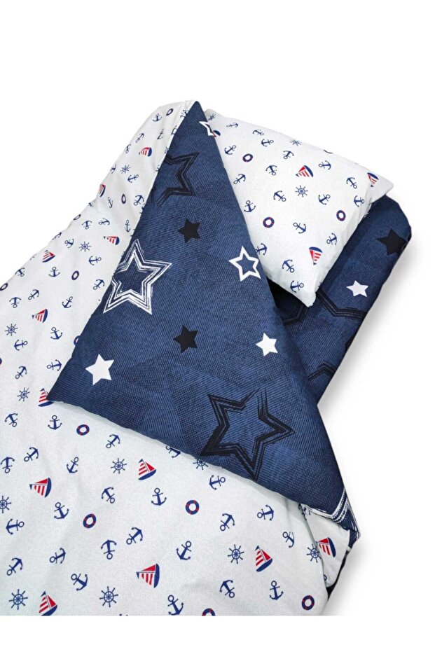 Cotton Kids 90x180 Crib Pillow Sheet Quilt Set Sailor Navy Blue Star