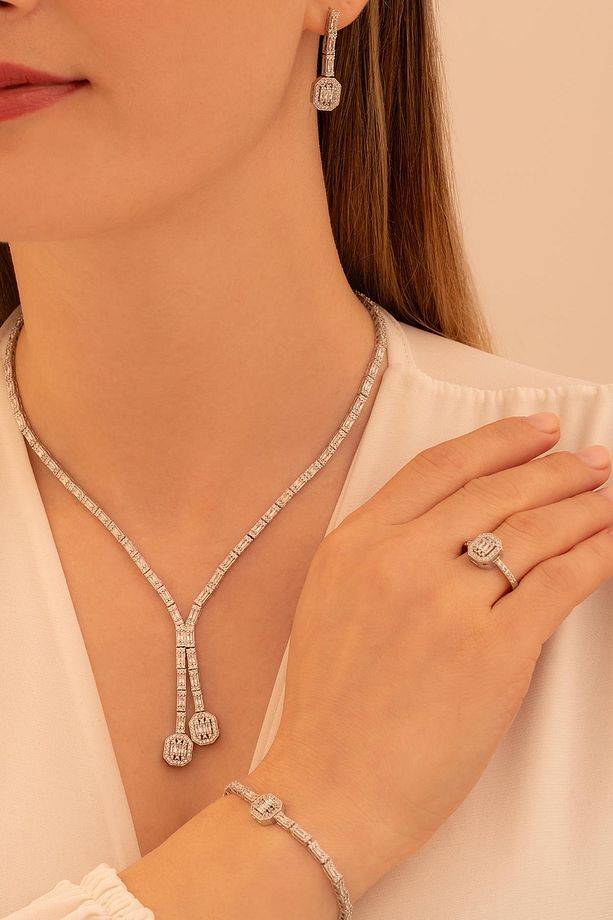 Kadın Gümüş Takı Seti - Merlin Baget Taşlı Model Kolye, Bileklik, Yüzük, Küpe Tam Set - 2