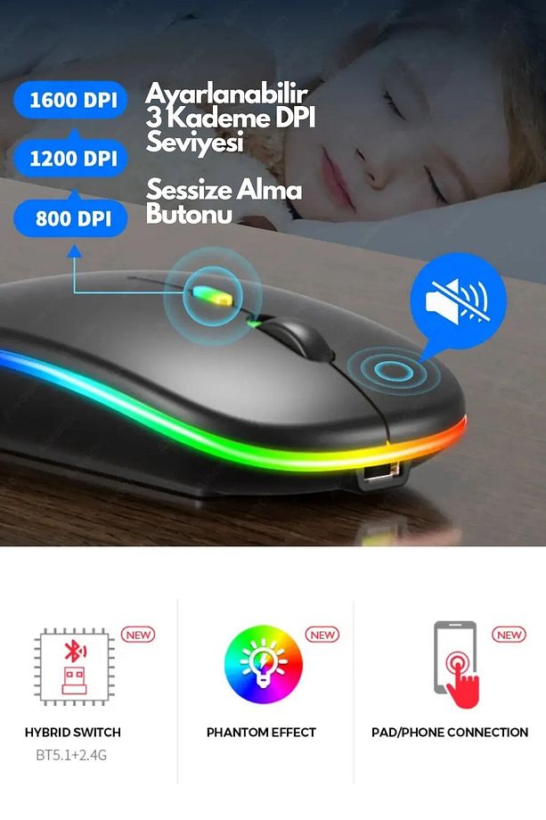 Rgb Bluetooth Led Işıklı Şarjlı Kablosuz Mouse Maus Fare Sessiz 2.4 Ghz Usb Wireless - 5
